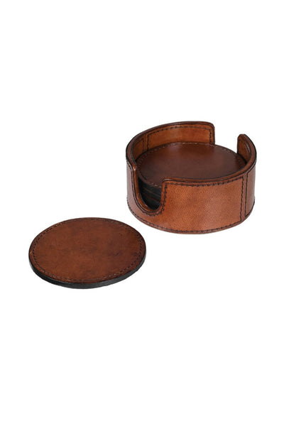 Tan Leather Coaster Set